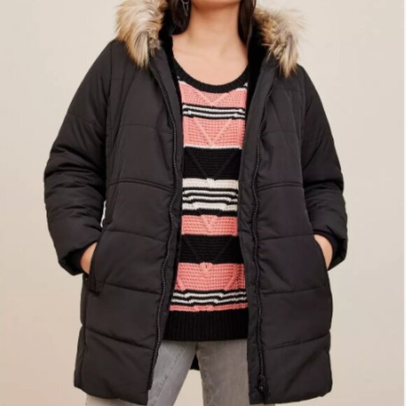EUC Torrid Nylon Faux Fur Trim Fit And Flare Classic Black Puffer Jacket Size 4X - Picture 1 of 11
